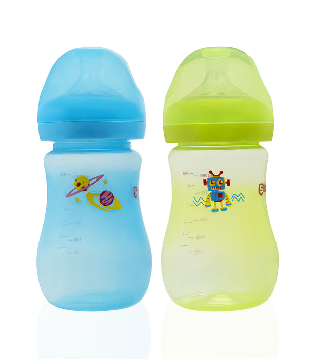 Crystal Feeding Bottles Slow Flow Breast-Like Nipple With Anti-Colic Valve with Travel Caps, Made with Polypropylene and BPA FREE